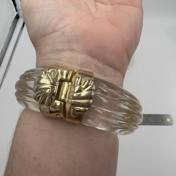 Vintage Inna Cytrine Heavy Lucite And Gold Tone Swirl Bangle Bracelet Chunky Big - Picture 9 of 14